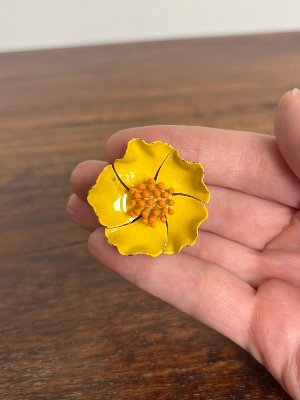 Enamel Flower Brooch Yellow Floral Pin Vintage 1960s Floral Pin